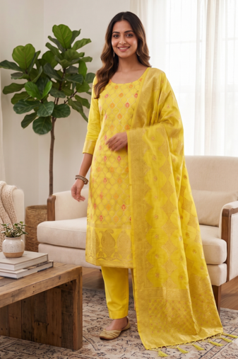 Yellow Chanderi Banarasi silk zari woven design dress material