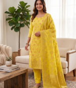 Yellow Chanderi Banarasi silk zari woven design dress material