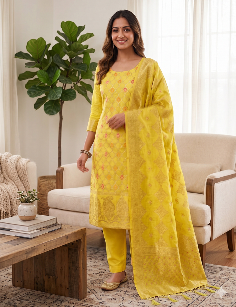 Yellow Chanderi Banarasi silk zari woven design dress material