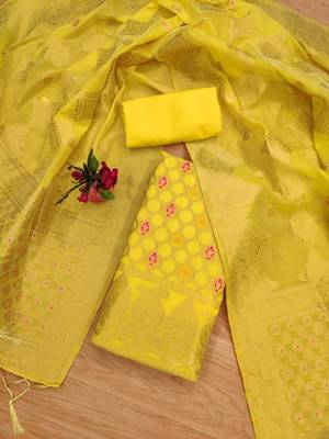 Yellow Chanderi Banarasi silk zari woven design dress material 2