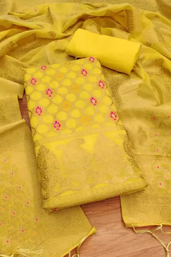 Yellow Chanderi Banarasi silk zari woven design dress material