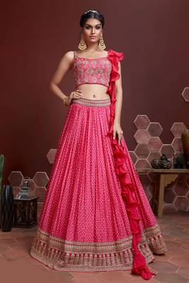 Pink Digital Print And Embroidered With Savroski Chinnon Silk Lehenga 1