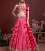 Pink Digital Print And Embroidered With Savroski Chinnon Silk Lehenga