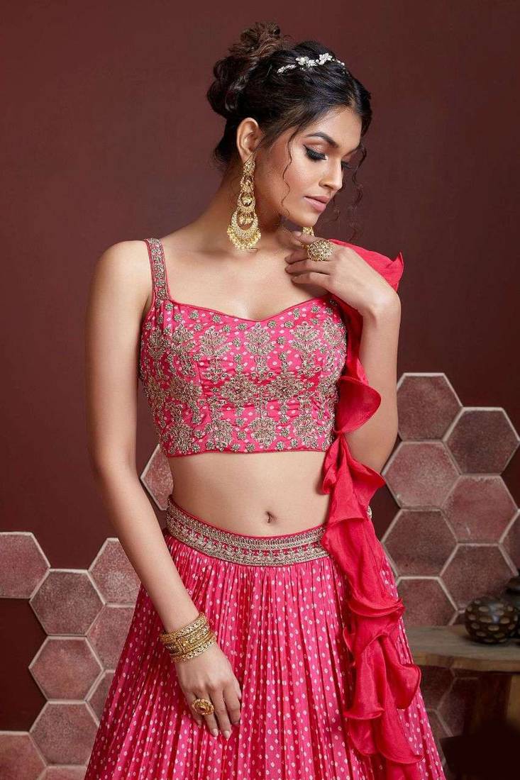 Pink Digital Print And Embroidered With Savroski Chinnon Silk Lehenga