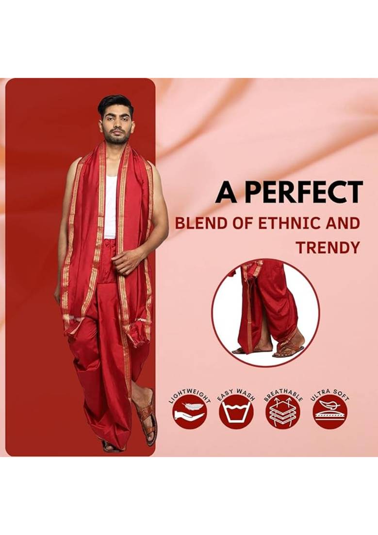 cobra lifes Readymade Dhoti for Men, Velcro Style Stitched Mens Silk Dhoti Pant Set, Free Size