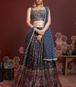 Blue Digital Print And Embroidered With Real Mirror Work Chinnon Silk Lehenga Choli