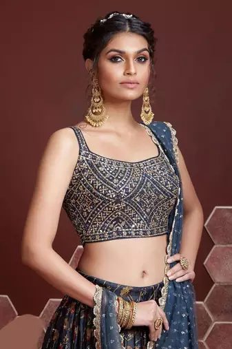 Blue Digital Print And Embroidered With Real Mirror Work Chinnon Silk Lehenga Choli