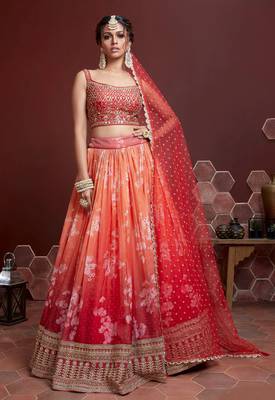 Orange Print Embroidered With Swarovski And Real Mirror Work Organza Silk Lehenga Choli 1