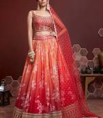 Orange Print Embroidered With Swarovski And Real Mirror Work Organza Silk Lehenga Choli