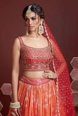 Orange Print Embroidered With Swarovski And Real Mirror Work Organza Silk Lehenga Choli 2