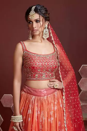 Orange Print Embroidered With Swarovski And Real Mirror Work Organza Silk Lehenga Choli