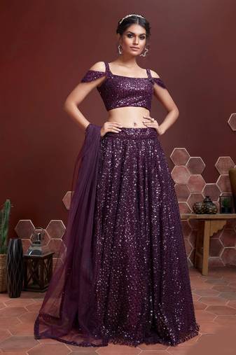  Purple Embroidered Sequins Work Heavy Soft Net Lehenga Choli For Bride