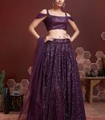  Purple Embroidered Sequins Work Heavy Soft Net Lehenga Choli For Bride
