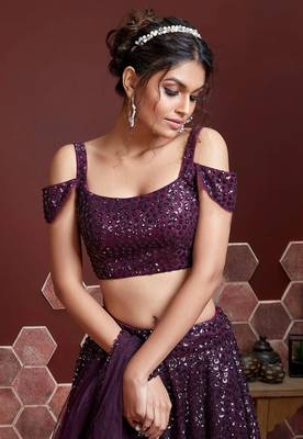  Purple Embroidered Sequins Work Heavy Soft Net Lehenga Choli For Bride 2