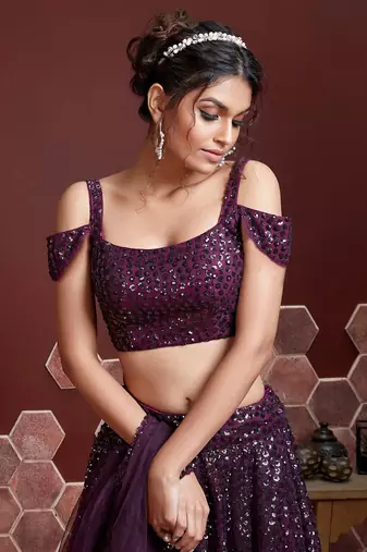  Purple Embroidered Sequins Work Heavy Soft Net Lehenga Choli For Bride