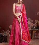 Pink Digital Print And Embroidered Sequins With Real Mirror Work Chinnon Silk Lehienga Choli For Women