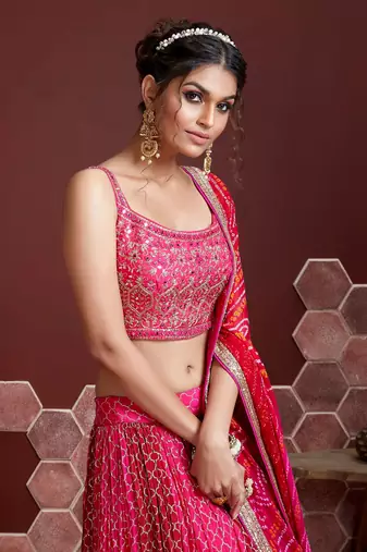 Pink Digital Print And Embroidered Sequins With Real Mirror Work Chinnon Silk Lehienga Choli For Women
