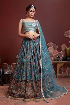 Fetching Sky Blue Digital Print And Embroidered With Real Mirror Work Chinnon Silk Designer Lehenga Choli 1