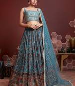 Fetching Sky Blue Digital Print And Embroidered With Real Mirror Work Chinnon Silk Designer Lehenga Choli