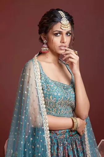 Fetching Sky Blue Digital Print And Embroidered With Real Mirror Work Chinnon Silk Designer Lehenga Choli