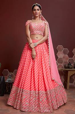 Peach Embroidered Zari And Sequins Work Organza Silk Wedding Lehenga Choli 1