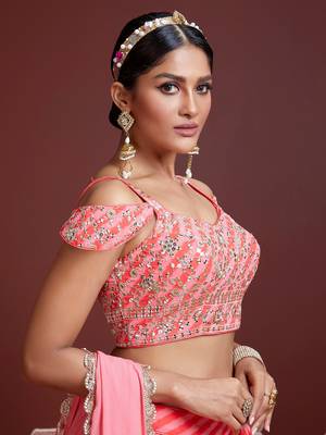 Peach Embroidered Zari And Sequins Work Organza Silk Wedding Lehenga Choli 2