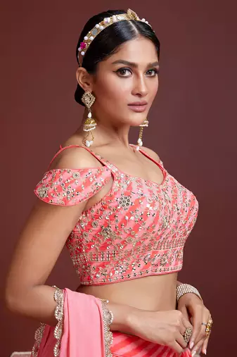 Peach Embroidered Zari And Sequins Work Organza Silk Wedding Lehenga Choli