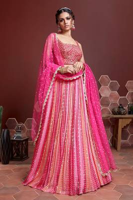 Marvelous Pink Digital Position Print And Embroidered With Real Mirror Work Chinnon Silk Bridal Lehenga Choli 1