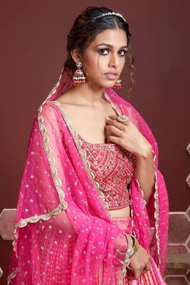 Marvelous Pink Digital Position Print And Embroidered With Real Mirror Work Chinnon Silk Bridal Lehenga Choli 2
