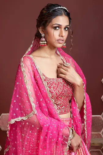 Marvelous Pink Digital Position Print And Embroidered With Real Mirror Work Chinnon Silk Bridal Lehenga Choli