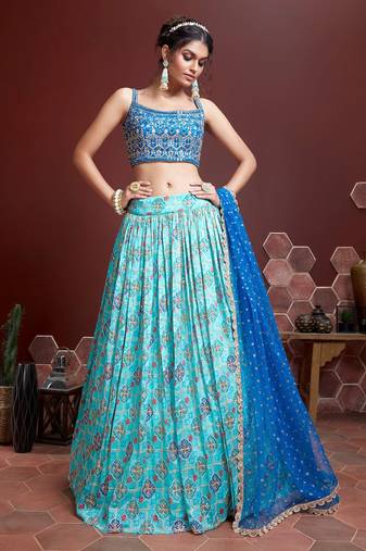 Blue Silk Digital Printed and Embroidered Lehenga Choli 