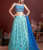 Blue Silk Digital Printed and Embroidered Lehenga Choli 