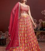 Fantastic Red Digital Position Print And Embroidered With Real Mirror Work Chinnon Silk Indian Lehenga Design