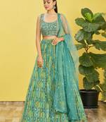 Green Real Mirror With Thread Zari Sequins Embroidered Organza Indian Wedding Lehenga dress