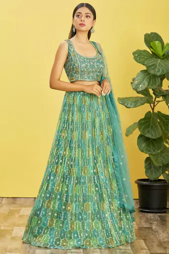 Green Real Mirror With Thread Zari Sequins Embroidered Organza Indian Wedding Lehenga dress