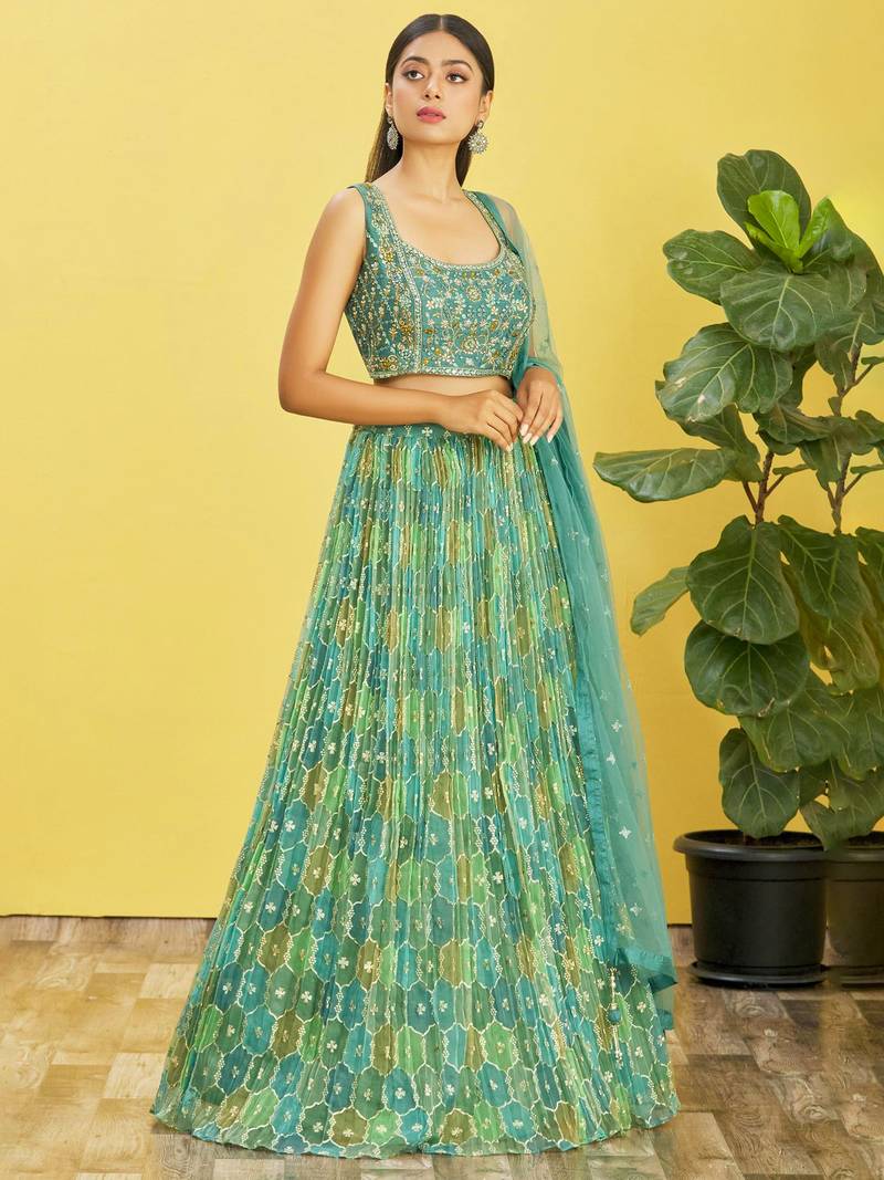 Green Real Mirror With Thread Zari Sequins Embroidered Organza Indian Wedding Lehenga dress