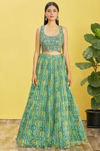 Green Real Mirror With Thread Zari Sequins Embroidered Organza Indian Wedding Lehenga dress