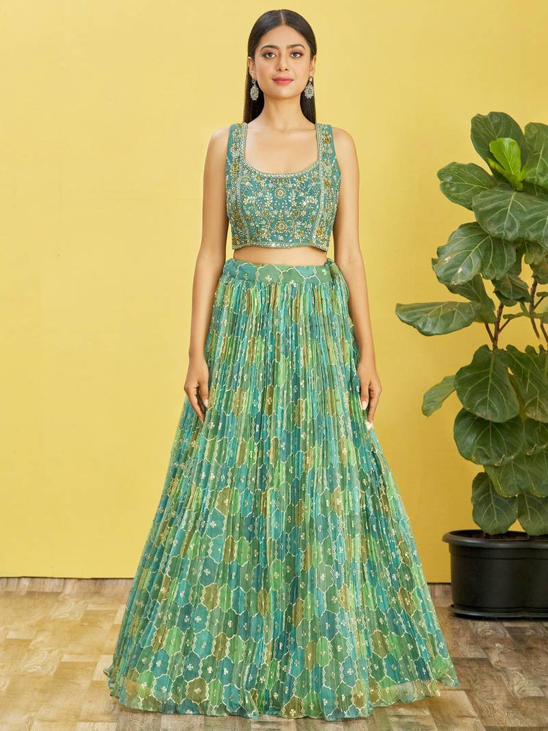 Green Real Mirror With Thread Zari Sequins Embroidered Organza Indian Wedding Lehenga dress