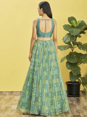 Green Real Mirror With Thread Zari Sequins Embroidered Organza Indian Wedding Lehenga dress 5