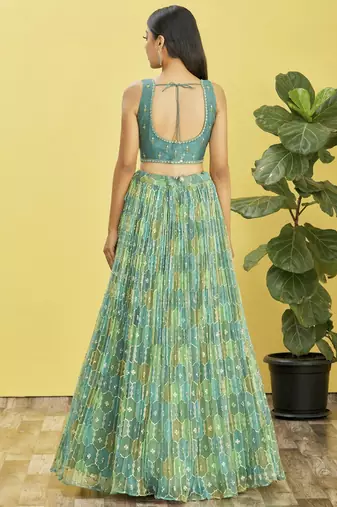 Green Real Mirror With Thread Zari Sequins Embroidered Organza Indian Wedding Lehenga dress
