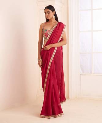 Rose Red Organza Silk Embroidery Classic Saree 1