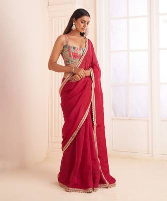 Rose Red Organza Silk Embroidery Classic Saree 2