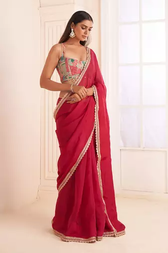 Rose Red Organza Silk Embroidery Classic Saree