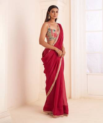 Rose Red Organza Silk Embroidery Classic Saree 3