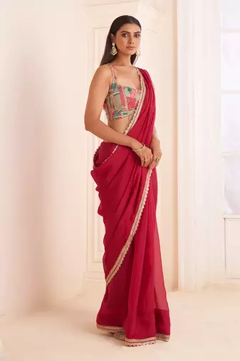 Rose Red Organza Silk Embroidery Classic Saree