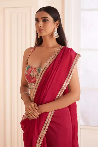 Rose Red Organza Silk Embroidery Classic Saree