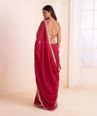Rose Red Organza Silk Embroidery Classic Saree 5