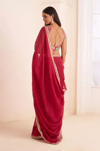 Rose Red Organza Silk Embroidery Classic Saree