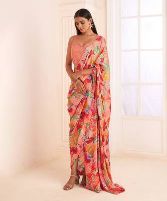 Blush Pink Abstract Print Pre-Draped Saree Set 1