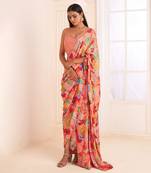 Blush Pink Abstract Print Pre-Draped Saree Set